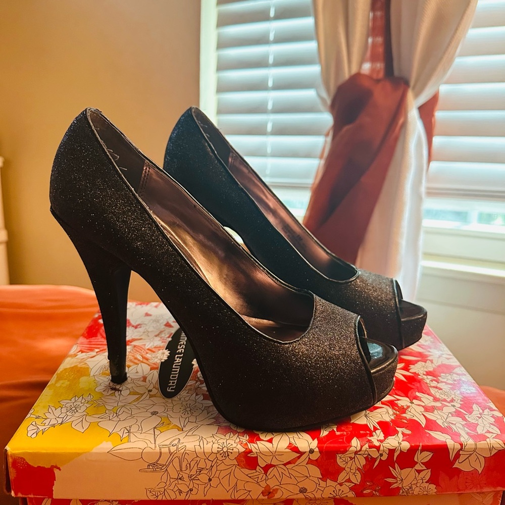 Chinese Laundry Glitter Black Peep-Toe Heels